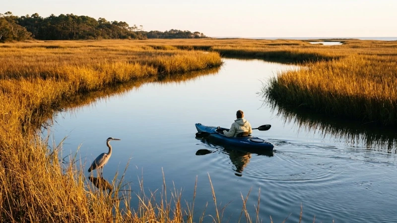 Weekend in Pawleys Island: A Real 2-Day Plan 4 Kayaking through a calm salt marsh creek with a heron near Pawleys Island