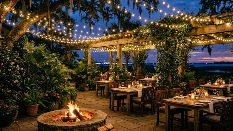 Best Restaurants in Pawleys Island, SC 3 String lights and fire pits at Frank's Outback outdoor dining Pawleys Island SC
