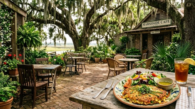 Best Restaurants in Pawleys Island, SC 6 Rustic outdoor courtyard at Chive Blossom Cafe on the Pawleys Island causeway SC