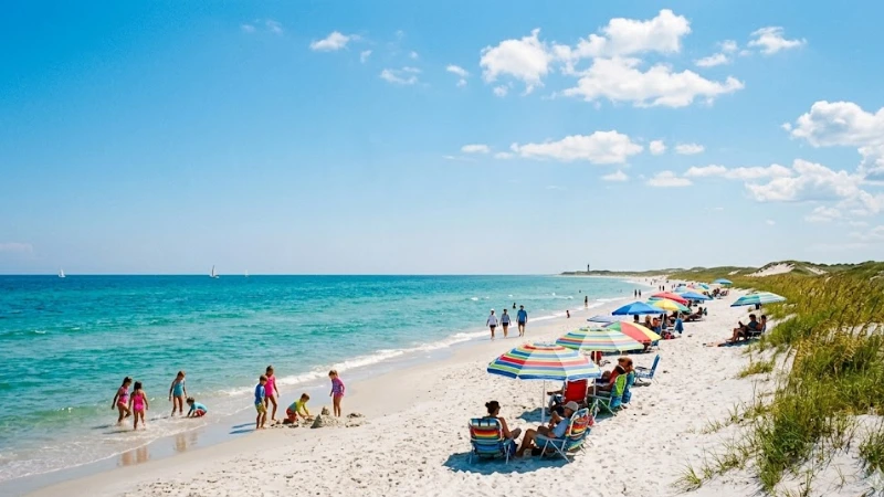 Pawleys Island summer beach scene with families swimming and sunbathing