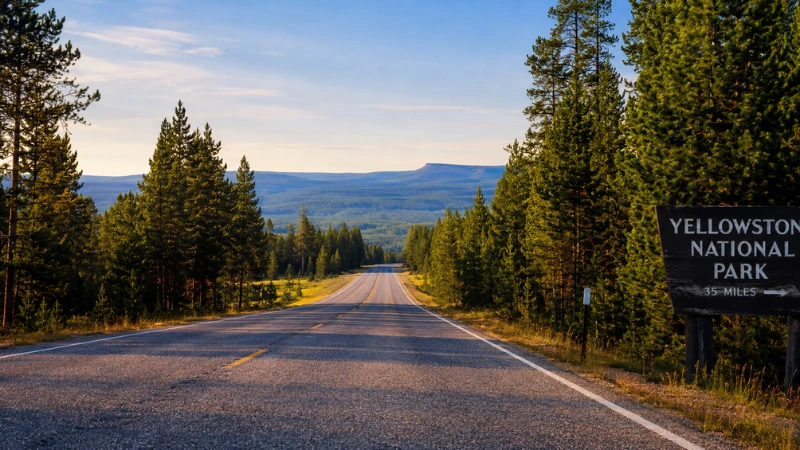 US-20 highway through lodgepole pine forest in Island Park Idaho leading toward Yellowstone National Park