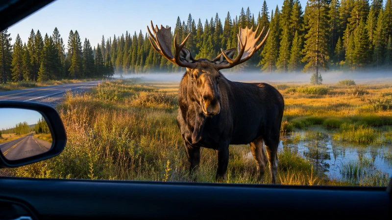 Bull moose standing in roadside meadow along US-20 in Island Park Idaho during early morning drive to Yellowstone
