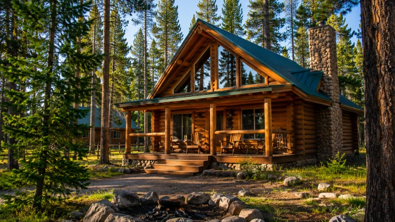Private log cabin rental with covered porch and fire pit surrounded by pine forest in Island Park Idaho