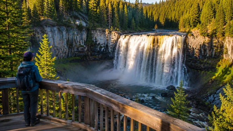  Upper Mesa Falls waterfall on the Mesa Falls Scenic Byway near Island Park Idaho viewed from wooden viewing platform