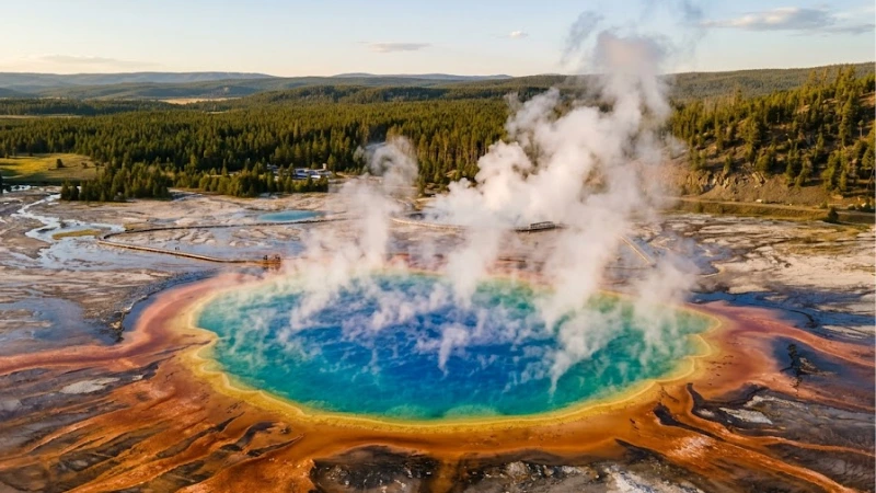 Aerial view of Grand Prismatic Spring in Yellowstone National Park showing vivid color rings and rising steam