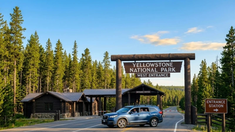 West Entrance station at Yellowstone National Park on a clear morning with a vehicle passing through

