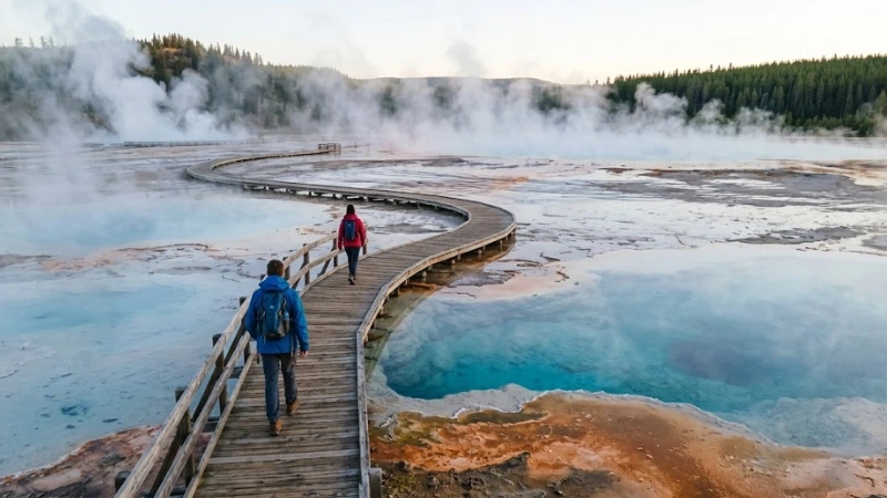 Two hikers walking the boardwalk over Midway Geyser Basin with Grand Prismatic Spring steam rising around them