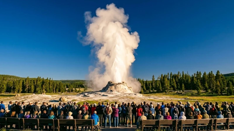 Old Faithful geyser erupting at Yellowstone National Park with visitors watching from the viewing benches