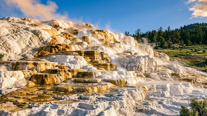 Layered travertine terraces at Mammoth Hot Springs in Yellowstone National Park with mineral color staining