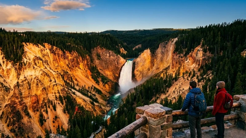  Lower Falls viewed from Artist Point in the Grand Canyon of Yellowstone with glowing yellow canyon walls