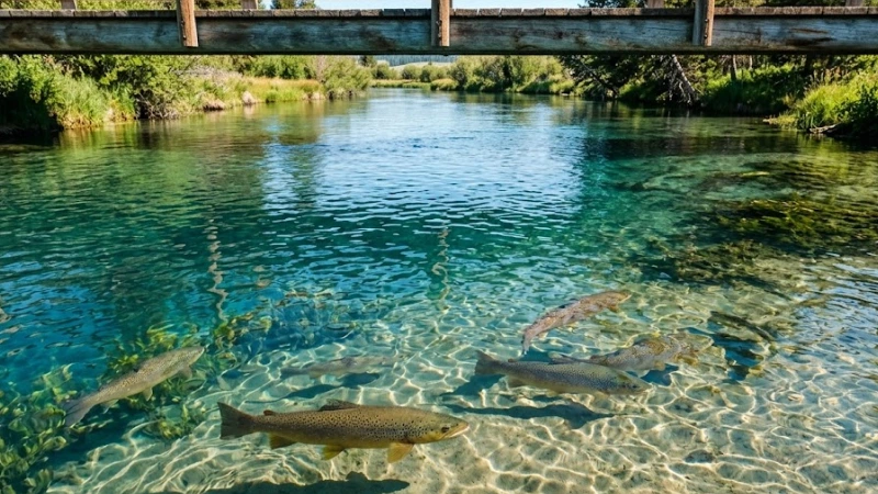 Crystal clear water at Big Springs Island Park Idaho with large brown trout visible below the surface