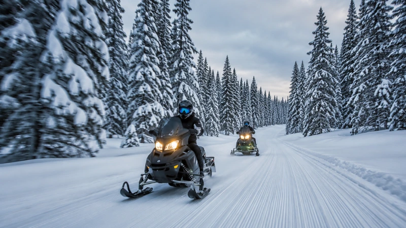 Two snowmobilers riding groomed trails through snow-covered lodgepole pine forest in Island Park Idaho