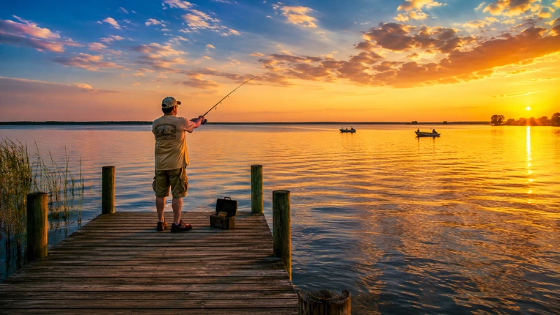 Grand Lake St. Marys Ohio at golden hour with fishing pier and boats