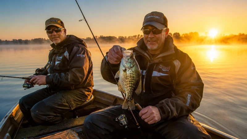  Two anglers fishing for crappie from a small boat on Grand Lake St. Marys Ohio at sunrise