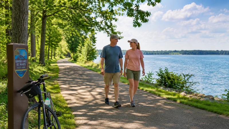 Couple walking on the paved lakeside trail at Grand Lake St. Marys State Park Ohio