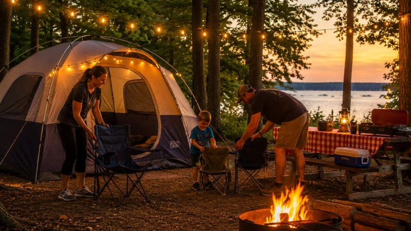 Family camping at Grand Lake St. Marys State Park Ohio campground at dusk
