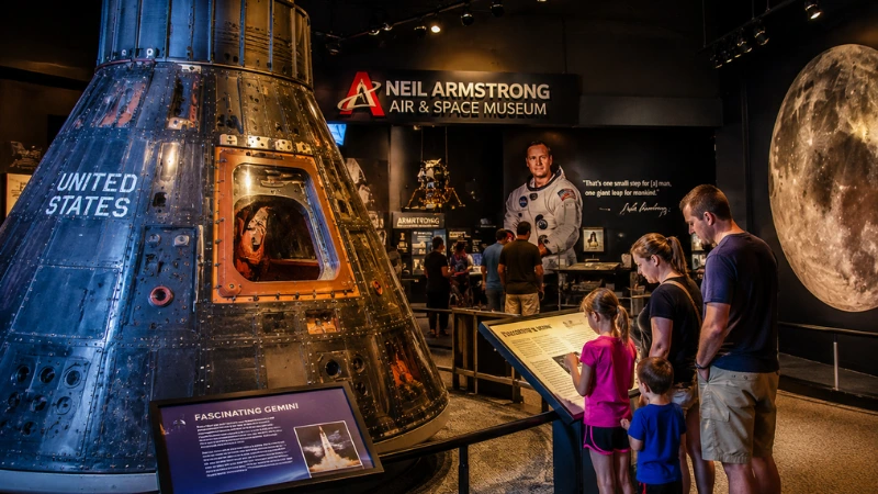 Visitors viewing a spacecraft exhibit at the Neil Armstrong Air and Space Museum in Wapakoneta Ohio