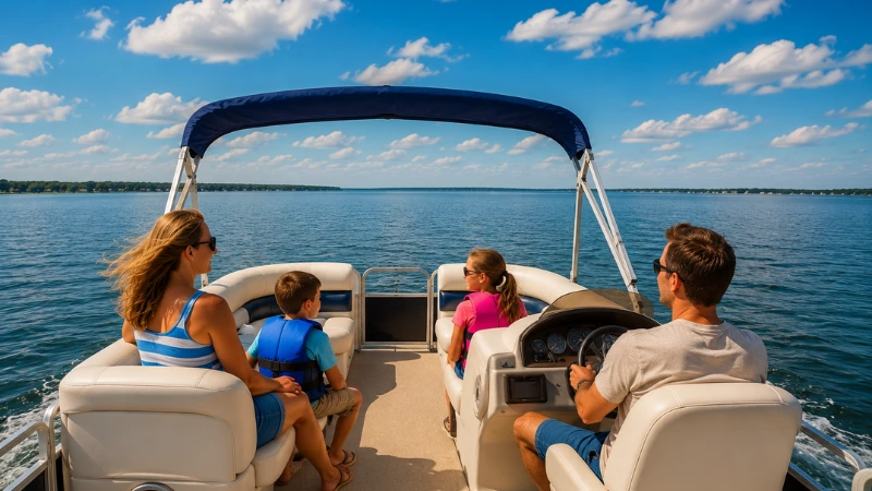 Family on a pontoon boat rental on Grand Lake St. Marys near Celina Ohio