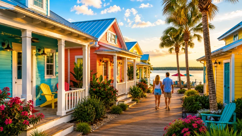 Colorful Boardwalk Village waterfront cottages on Grand Lake St. Marys Celina Ohio