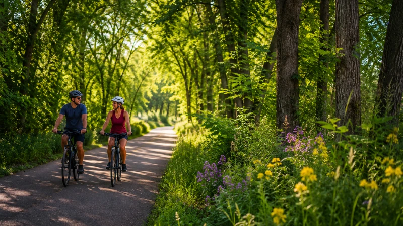 Two cyclists on the Celina-Coldwater Bike Path trail through wooded corridor Ohio
