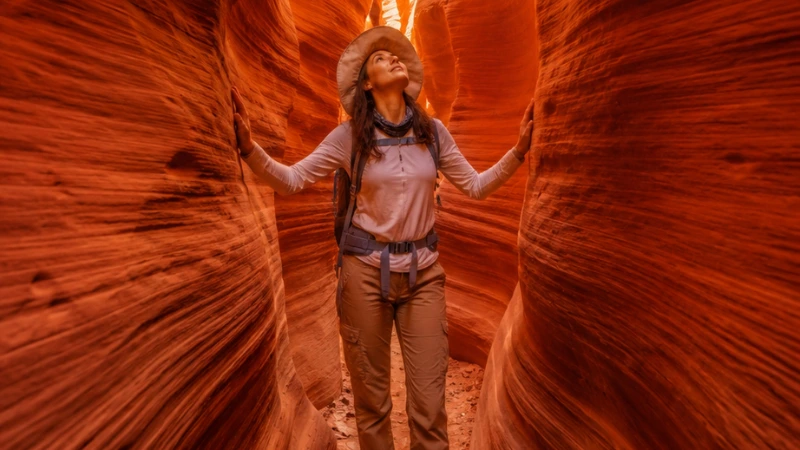  female hiker touching sandstone walls inside Peekaboo slot canyon near Kanab Utah