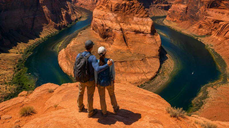 couple standing at Horseshoe Bend overlook looking at the Colorado River loop near Page Arizona