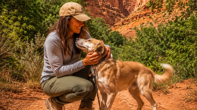 woman petting a dog on a trail at Best Friends Animal Sanctuary with red canyon walls in background near Kanab Utah