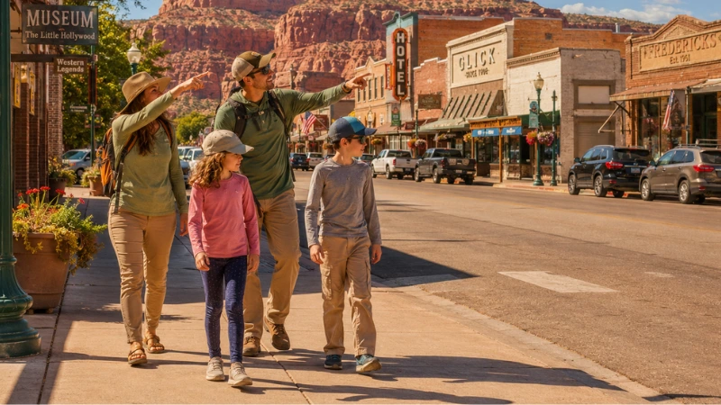 family walking along downtown Kanab Utah main street with red rock formations visible above the rooftops