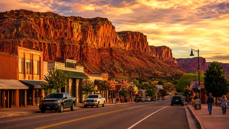 Kanab Utah main street with red sandstone cliffs at golden hour