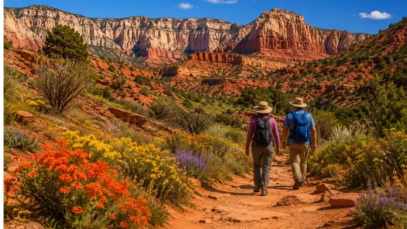 Spring hiking trail near Kanab Utah with wildflowers in bloom