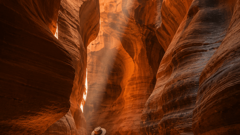 Slot canyon near Kanab Utah with morning light shafts in summer