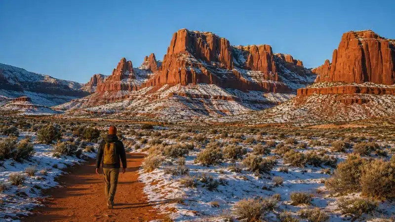 Winter hiking near Kanab Utah with light snow on red rock canyon