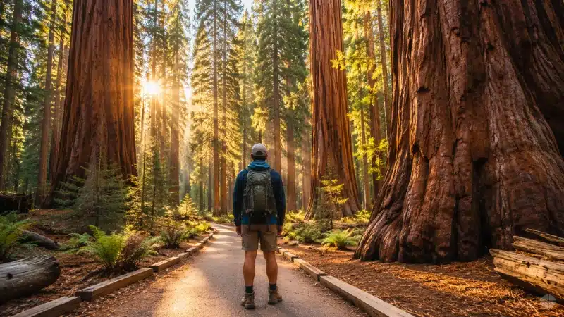 Hiker on trail through giant sequoia forest in Sequoia National Park
