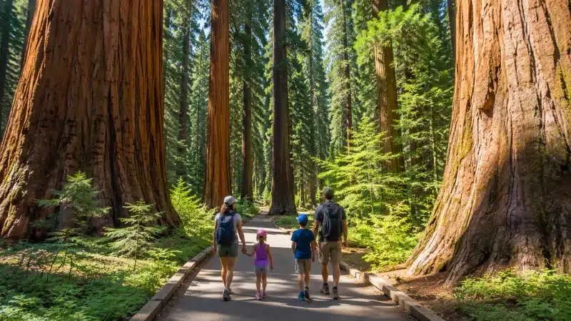  Family hiking Congress Trail through giant sequoias in Sequoia National Park