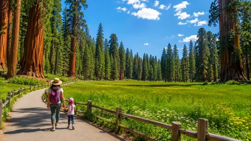 Woman and child walking Big Trees Trail loop around meadow in Sequoia National Park