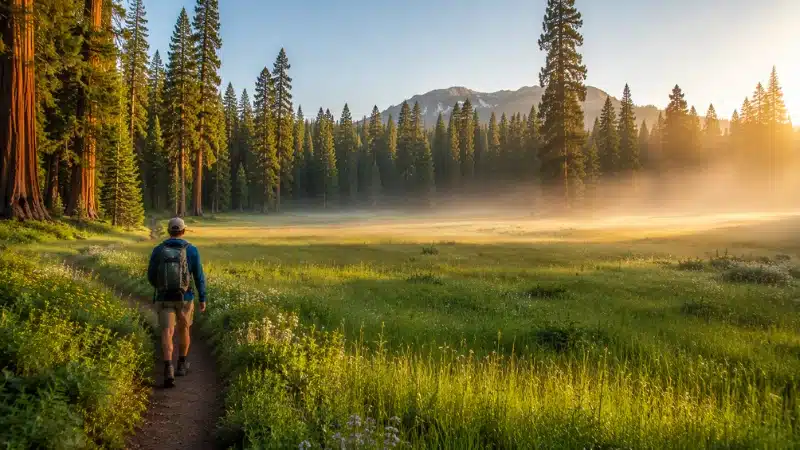 Solo hiker on trail at edge of Crescent Meadow in Sequoia National Park at sunrise