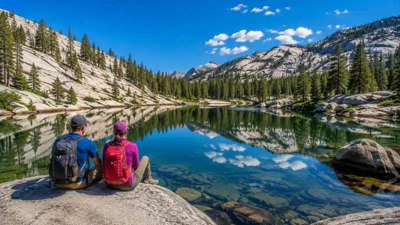 Two hikers resting at Heather Lake on the Lakes Trail in Sequoia National Park