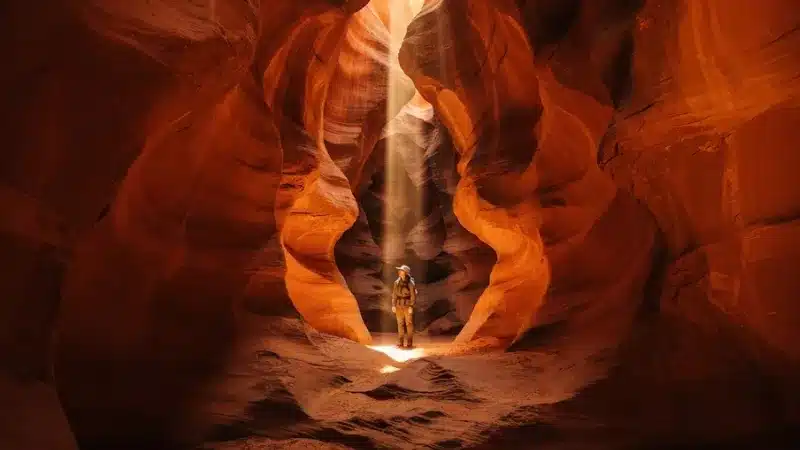 Hiker inside Wire Pass slot canyon near Kanab Utah with light beam filtering through