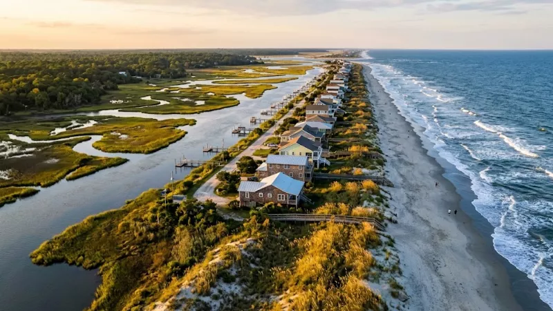 Weekend in Pawleys Island: A Real 2-Day Plan 1 Aerial view of Pawleys Island South Carolina barrier island between the ocean and the marsh at golden hour