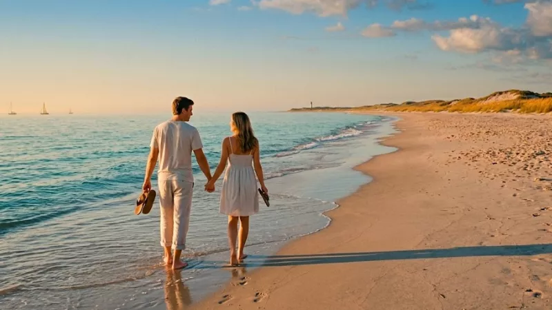 couple walking on Pawleys Island beach in October with calm surf and open shoreline