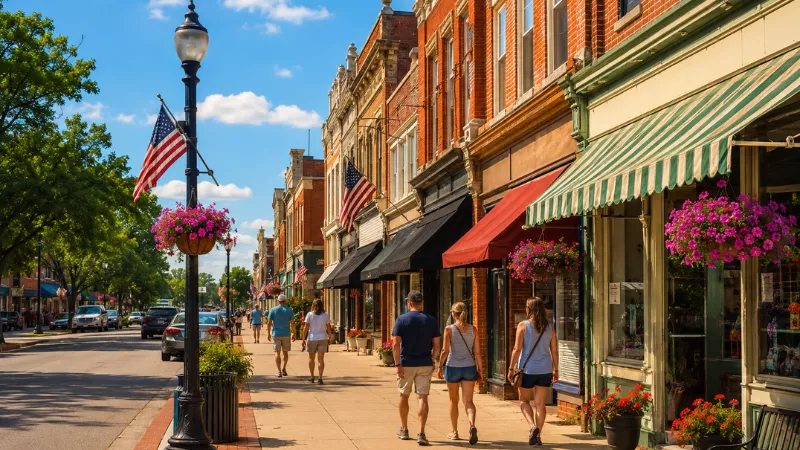 Downtown Celina Ohio main street storefronts on a sunny summer afternoon