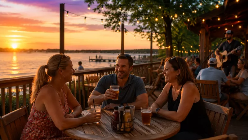 Outdoor patio dining at lakeside bar and grill on Grand Lake St. Marys Celina Ohio at sunset