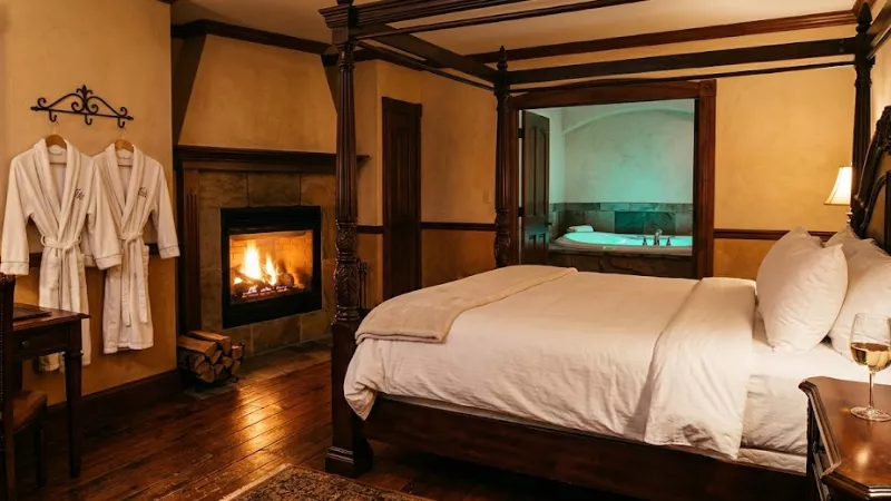 Canyons Boutique Hotel Kanab Utah room with fireplace and jetted tub