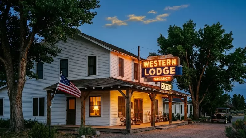 historic Parry Lodge hotel Kanab Utah exterior at dusk