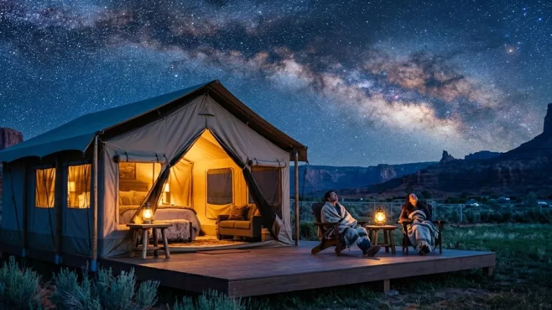 Under Canvas Lake Powell glamping tent with Milky Way night sky Utah