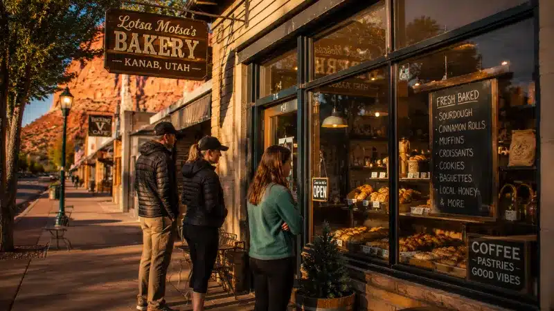 Kanab Creek Bakery morning exterior with travelers waiting Kanab Utah