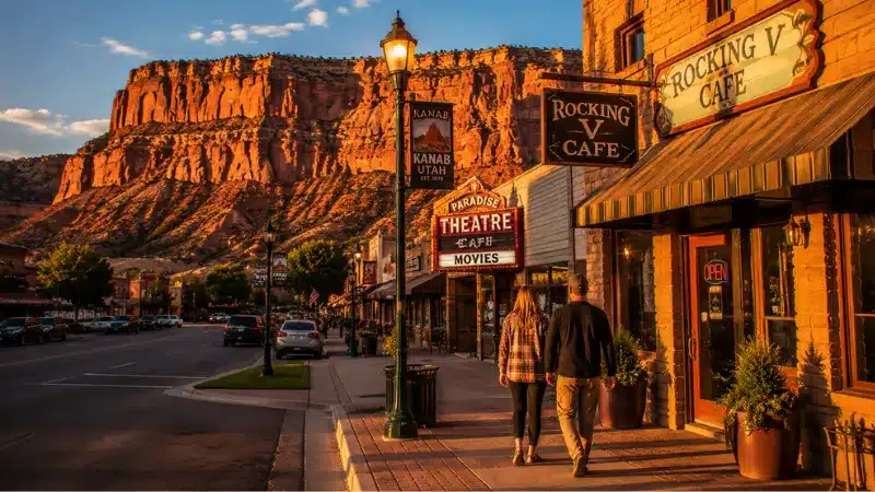 Downtown Kanab Utah golden hour with red rock cliffs and restaurant street