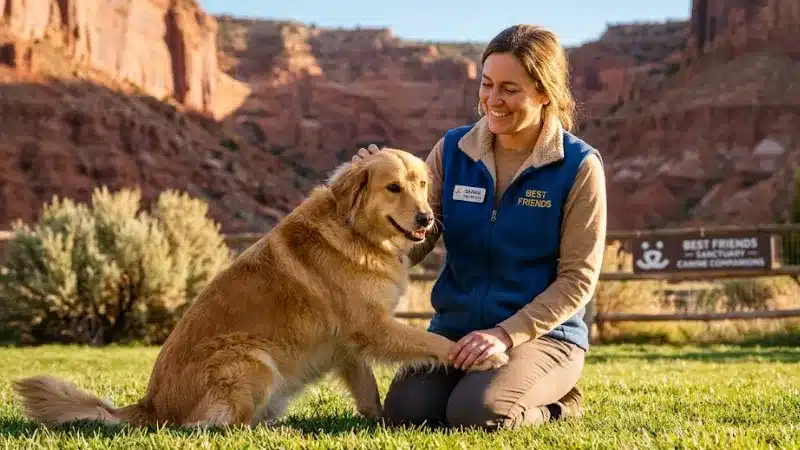Volunteer petting a dog during a guided tour at Best Friends Animal Sanctuary in Kanab Utah