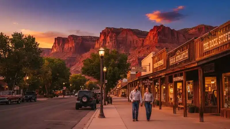Couple walking along Main Street Kanab Utah at sunset with red cliffs in background