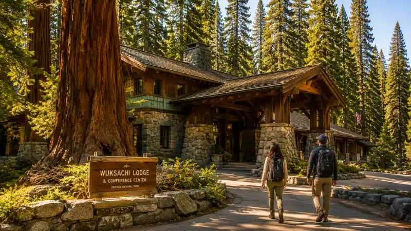 Stone and cedar lodge surrounded by giant sequoia trees in Sequoia National Park, the closest place to stay to the trails